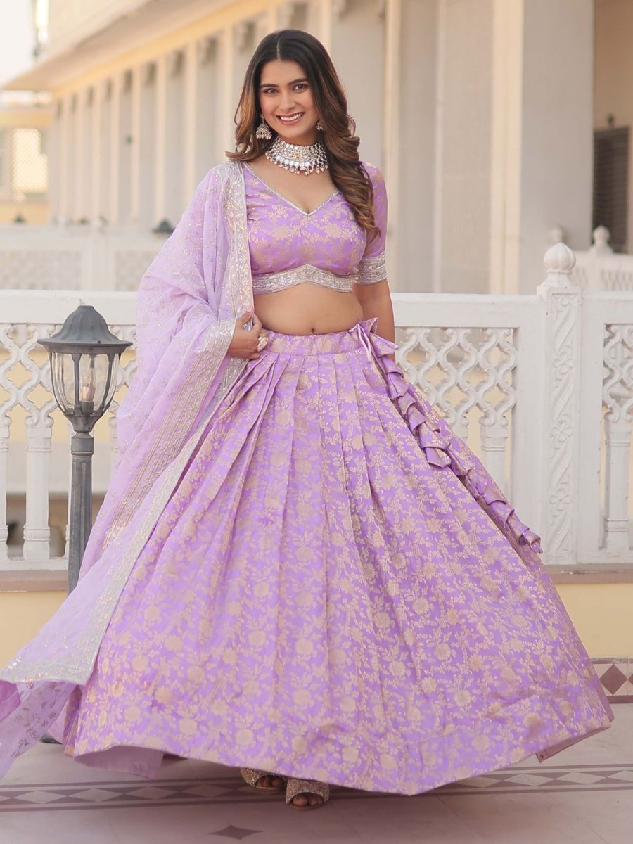 Designer Lilac Lavender Banarasi Silk Wedding Lehenga - Flair