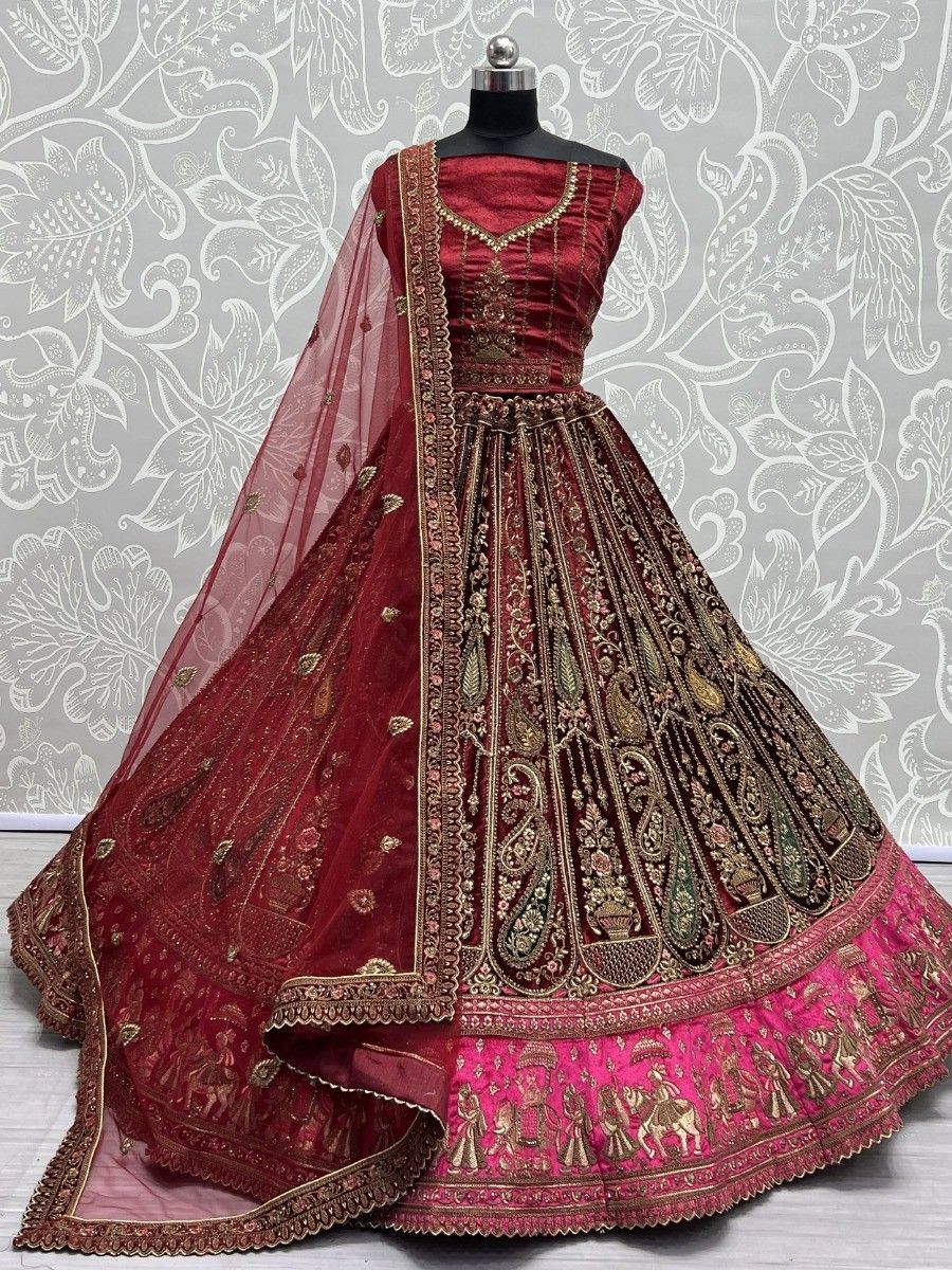 Buy Designer Maroon Multi-Thread Work Velvet Bridal Lehenga Choli Online - AllThingsAboutWedding