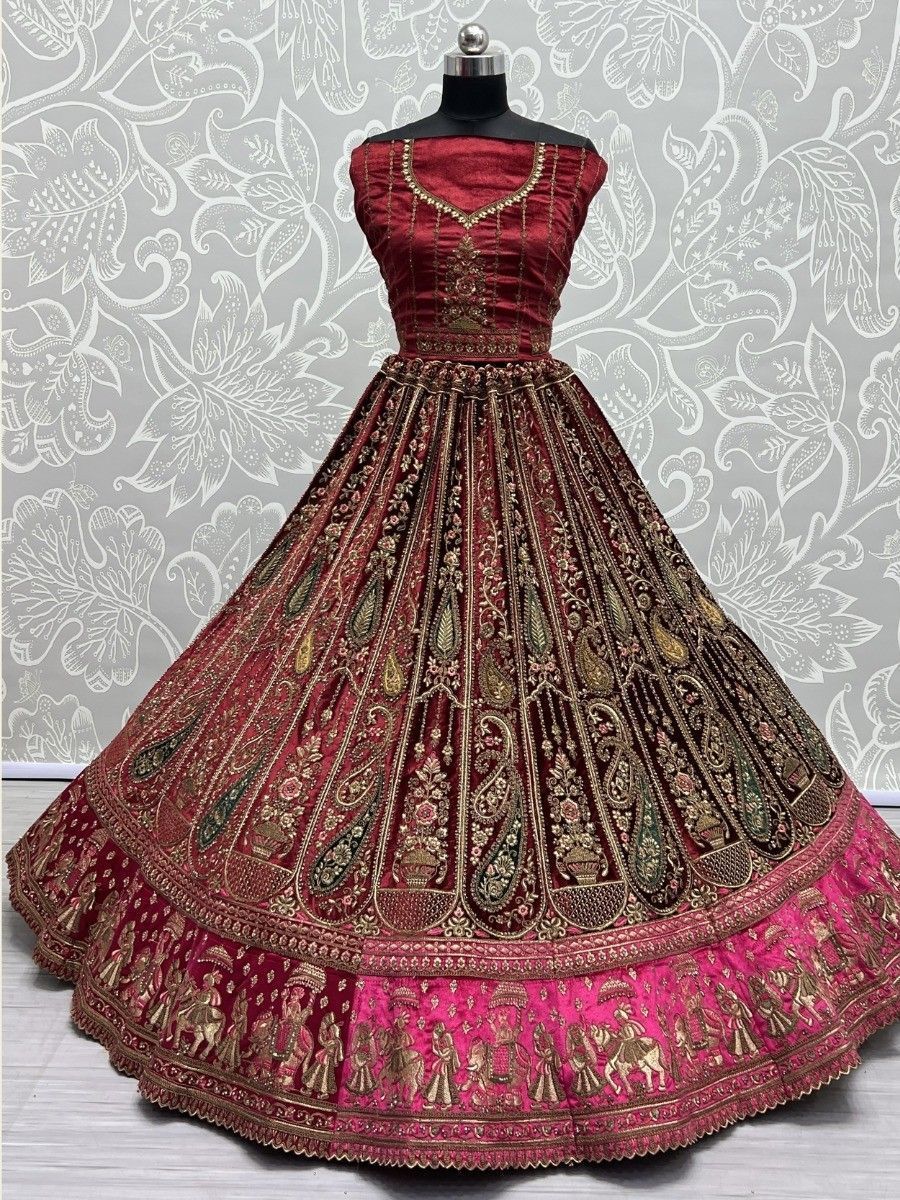 Designer Maroon Multi-Thread Work Velvet Bridal Lehenga Choli without Dupatta