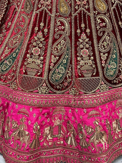 Designer Maroon Velvet Bridal Lehenga Choli - Multi Thread Embroidery Work