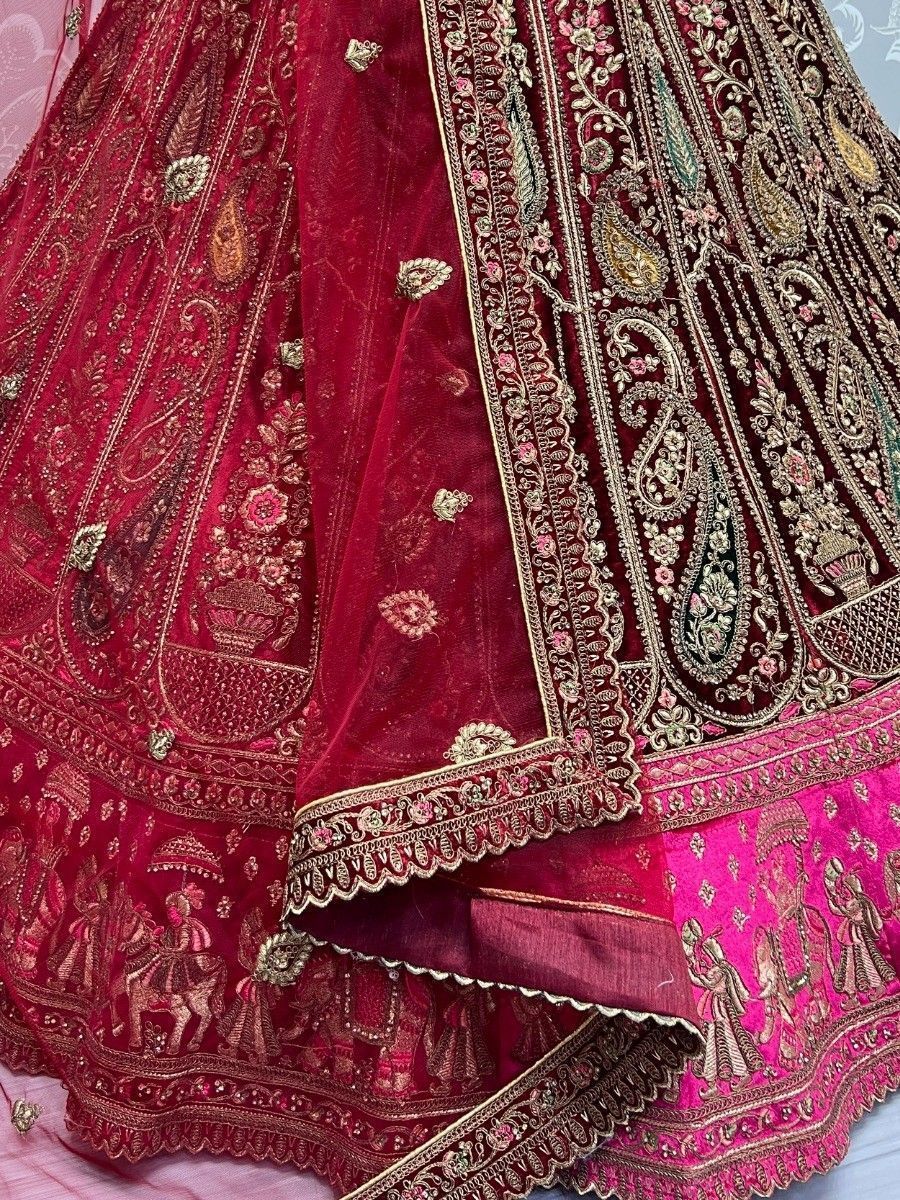 Designer Maroon Multi-Thread Work Velvet Bridal Lehenga Choli - Dupatta