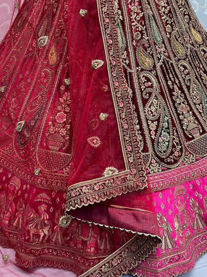 Designer Maroon Multi-Thread Work Velvet Bridal Lehenga Choli - Dupatta