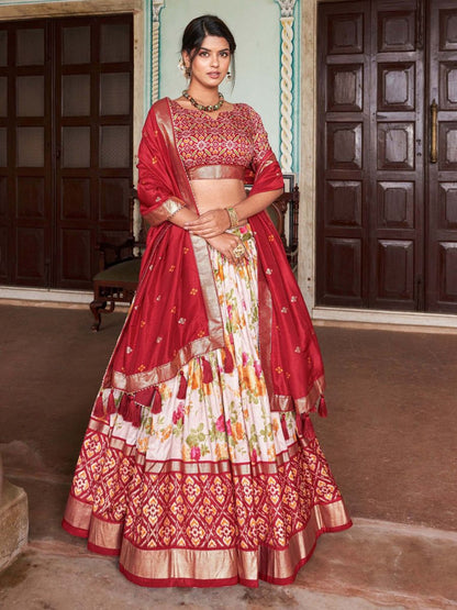 Designer Off White and Red Patola Printed Silk Lehenga Choli with Dupatta