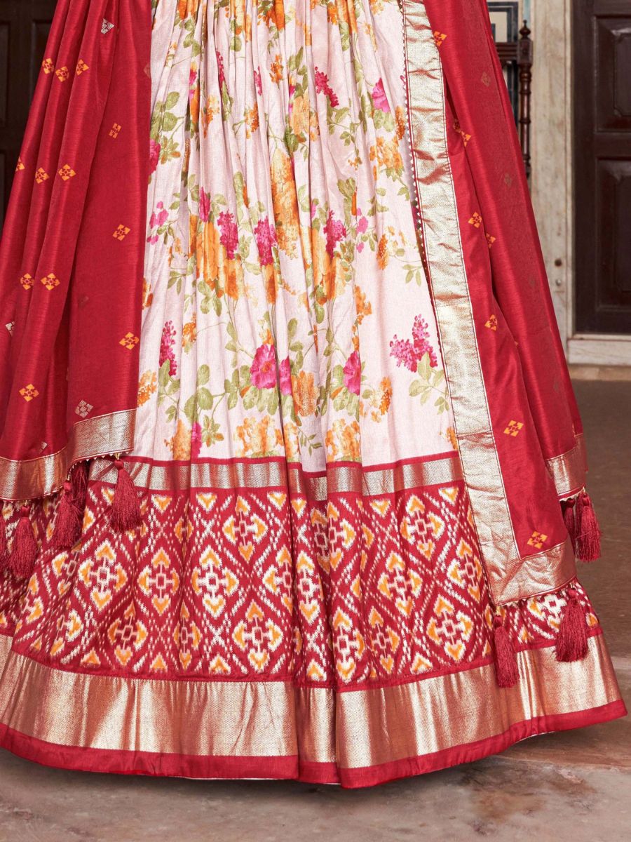 Designer Off White and Red Silk Lehenga Choli - Floral Print