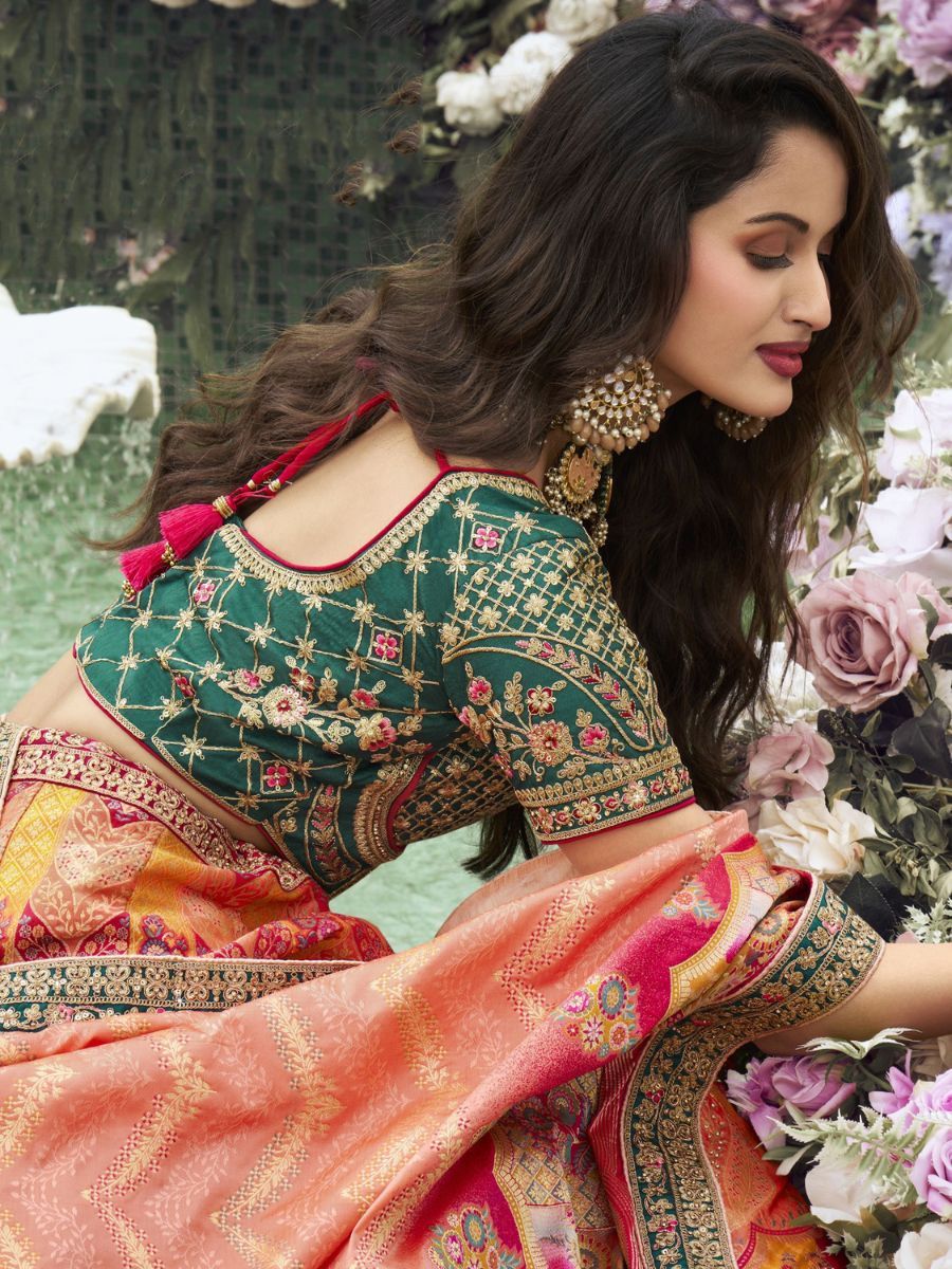 Designer Peach Embroidered Wedding Banarasi Silk Lehenga - Blouse Back Design 