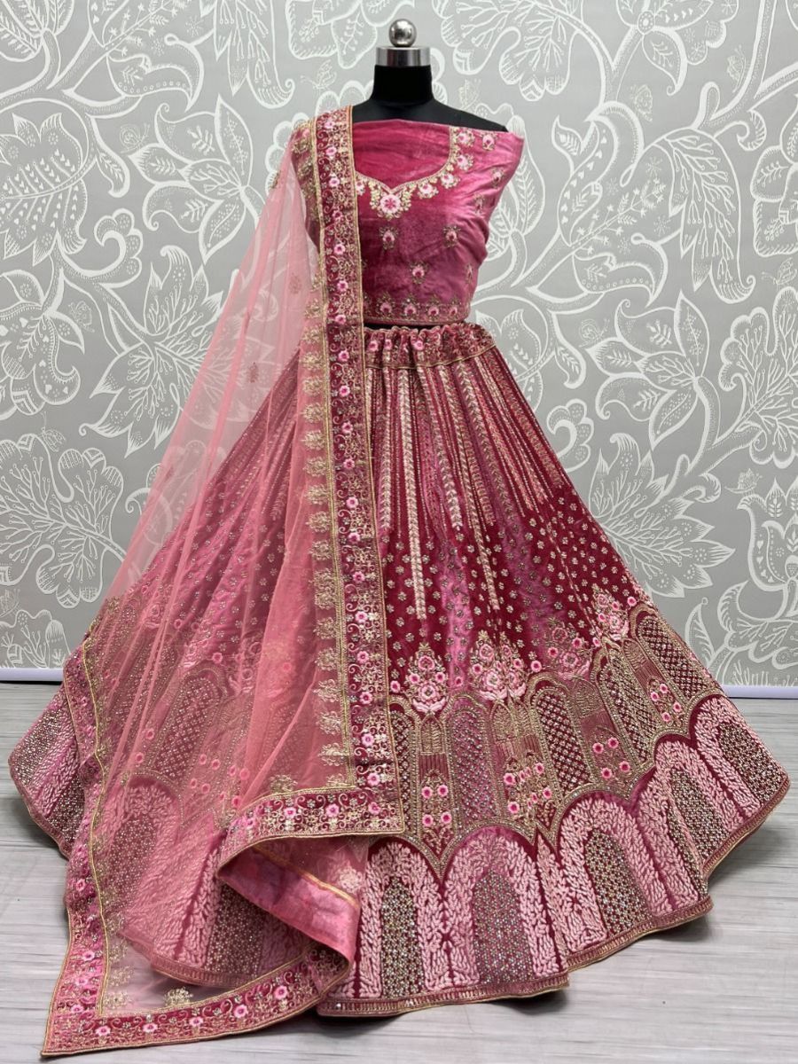 Buy Designer Pink Thread Work Velvet Bridal Wear Lehenga Choli Online - AllThingsAboutWedding