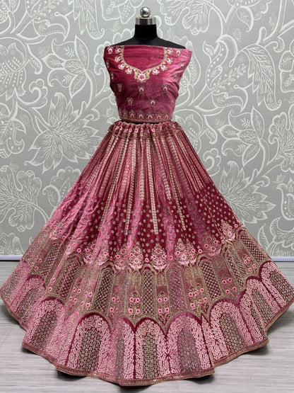 Designer Pink Thread Work Velvet Bridal Wear Lehenga Choli without Dupatta