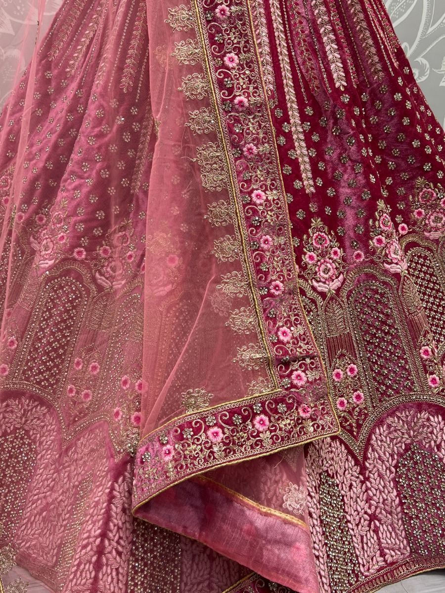 Designer Pink Velvet Bridal Wear Lehenga Choli - Thread Embroidery