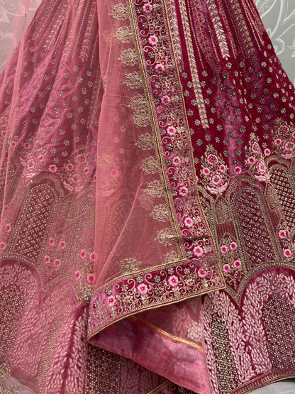 Designer Pink Velvet Bridal Wear Lehenga Choli - Thread Embroidery