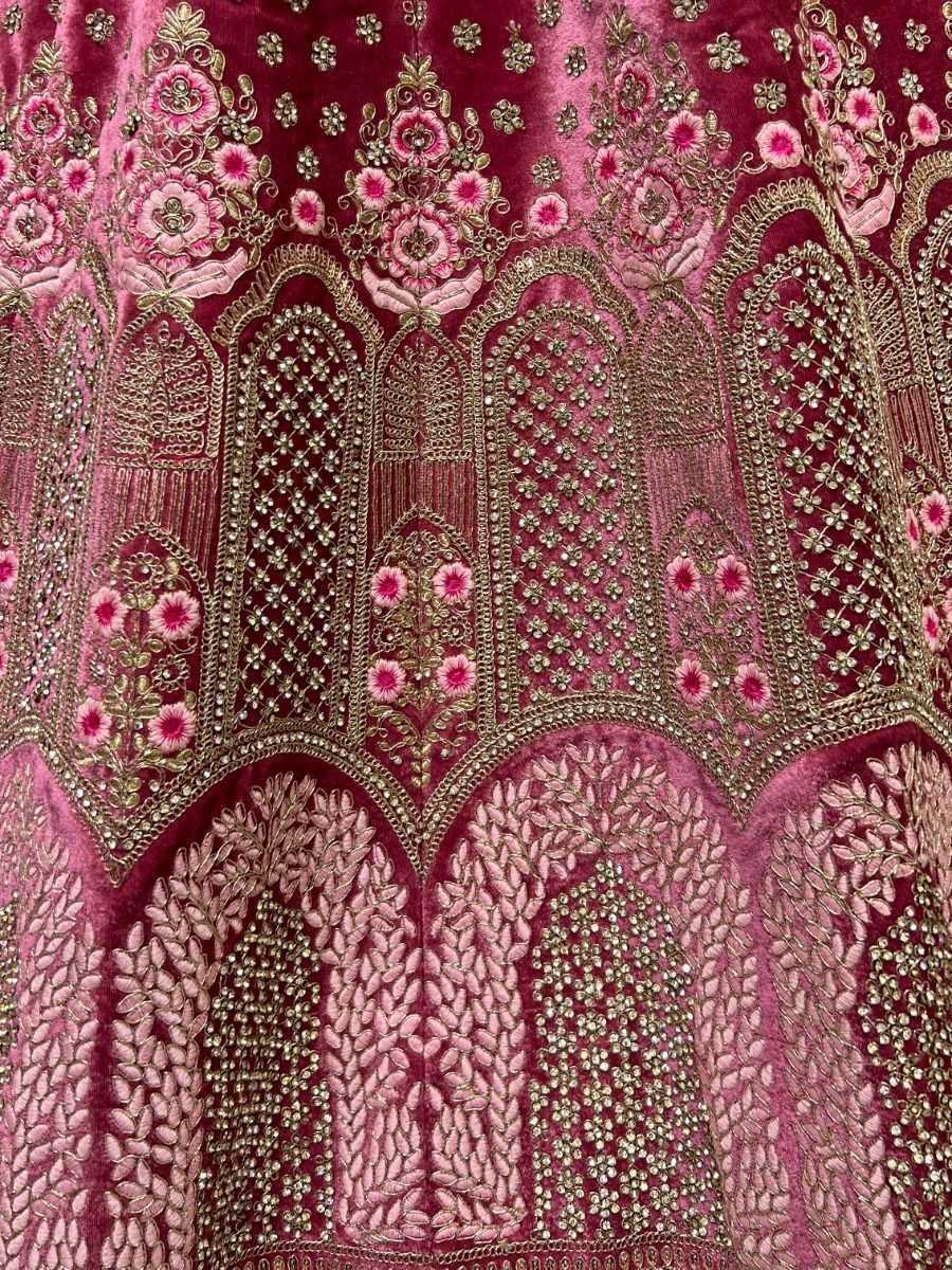 Designer Pink Thread Work Velvet Bridal Wear Lehenga Choli