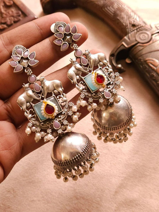 Buy Designer Pink and Sky Blue Big Oxidised Silver Jhumkas - TheJewelbox