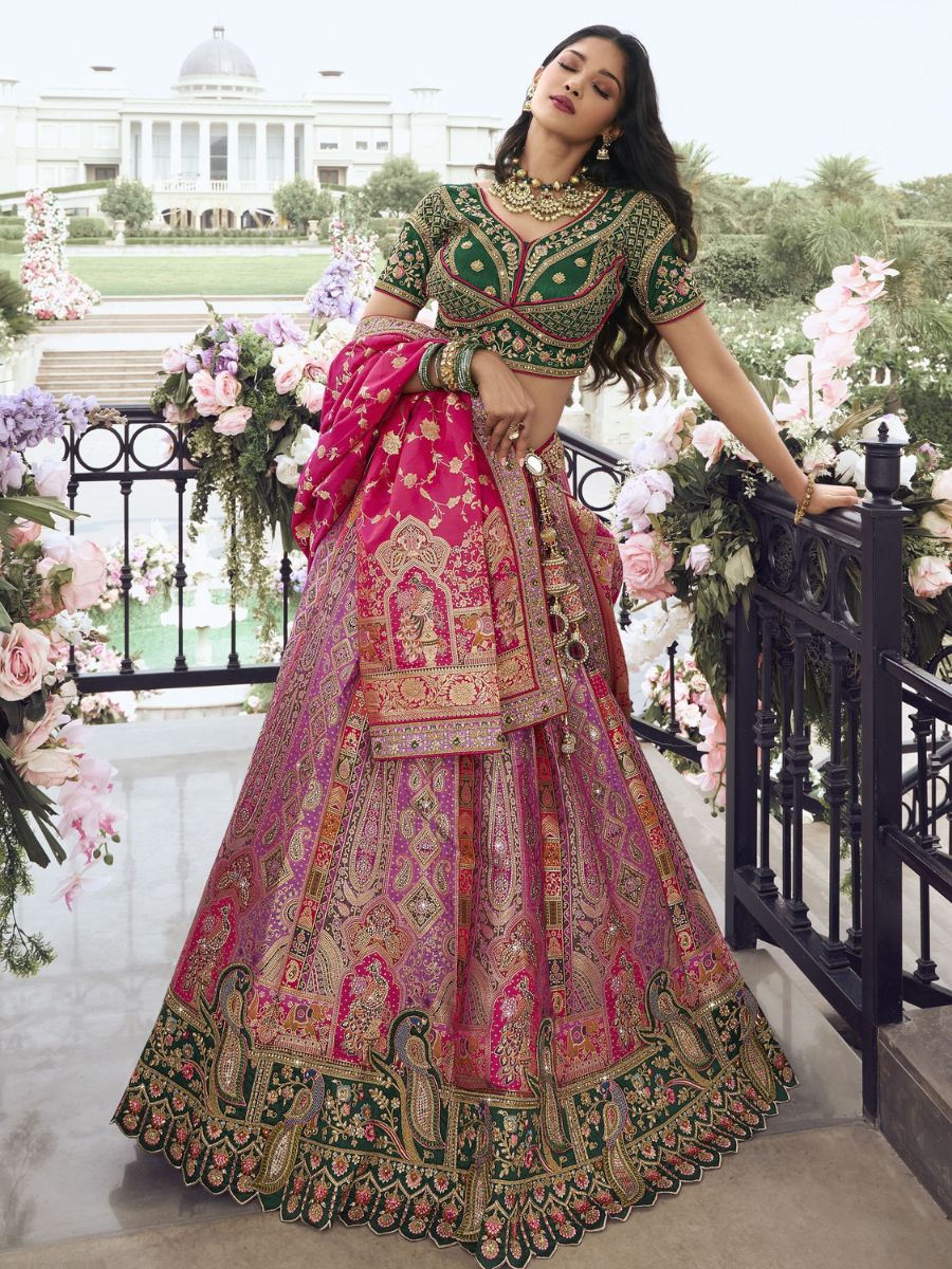 Designer Purple Banarasi Silk Bridal Lehenga Choli with Dupatta - Flair