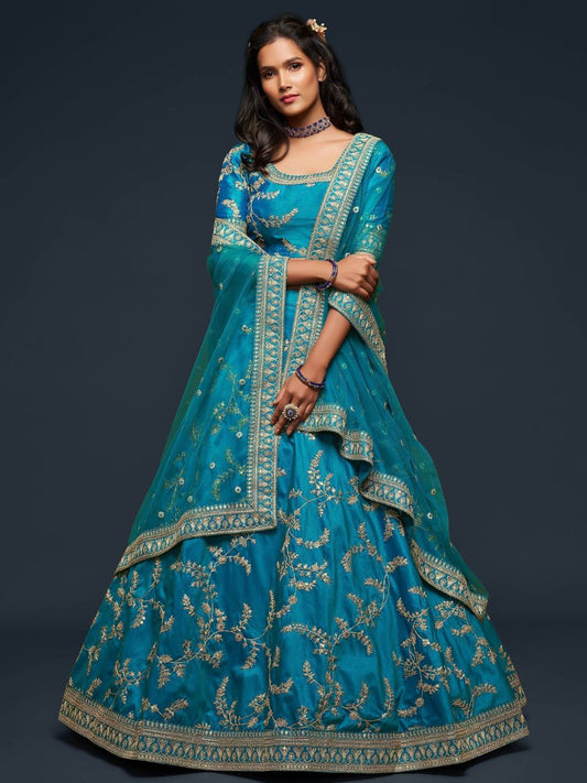 Buy Designer Teal Blue Embroidered Wedding Silk Lehenga Choli Online - AllThingsAboutWedding