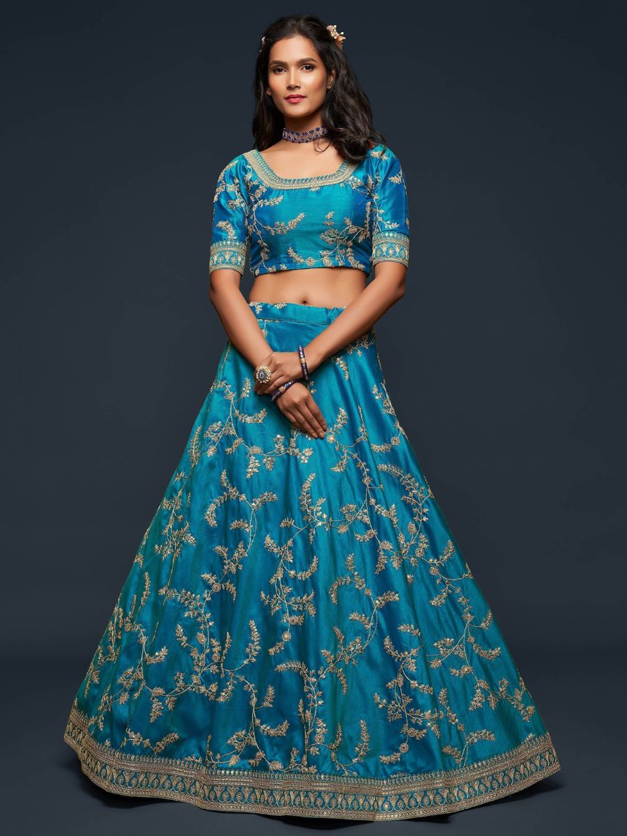 Designer Teal Blue Embroidered Wedding Silk Lehenga Choli without Dupatta