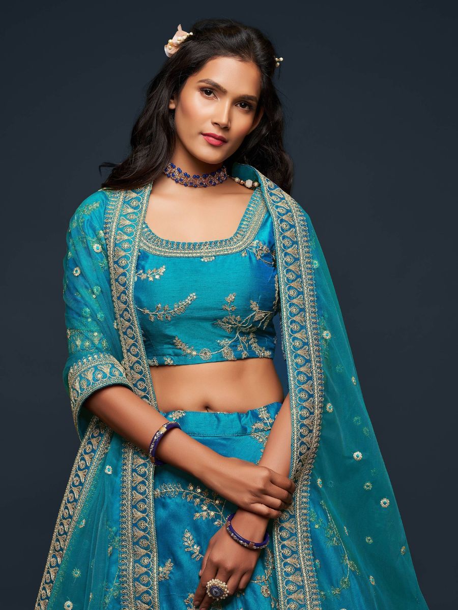 Designer Teal Blue Embroidered Wedding Silk Lehenga Blouse Neck Design