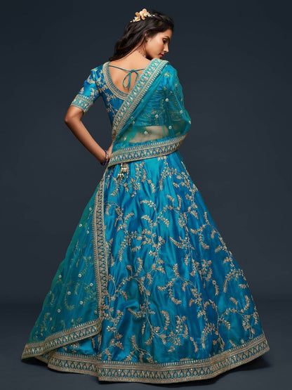 Designer Teal Blue Embroidered Wedding Silk Lehenga Blouse Back 