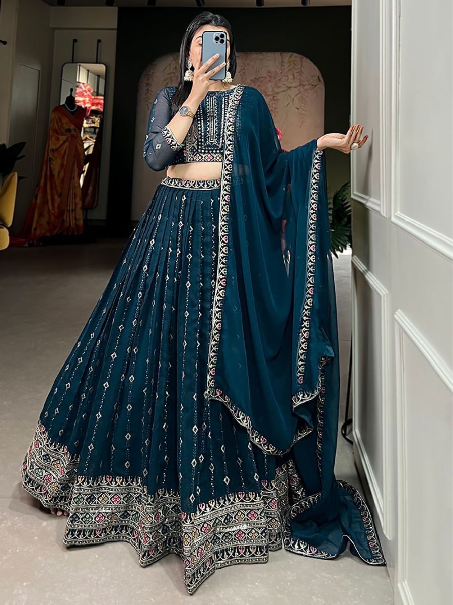 Designer Teal Blue Sequins Embroidered Georgette Lehenga Choli