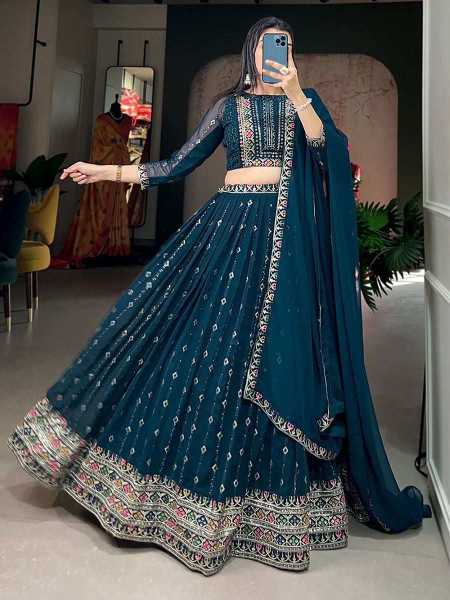 Designer Teal Blue Sequins Embroidered Georgette Lehenga Choli