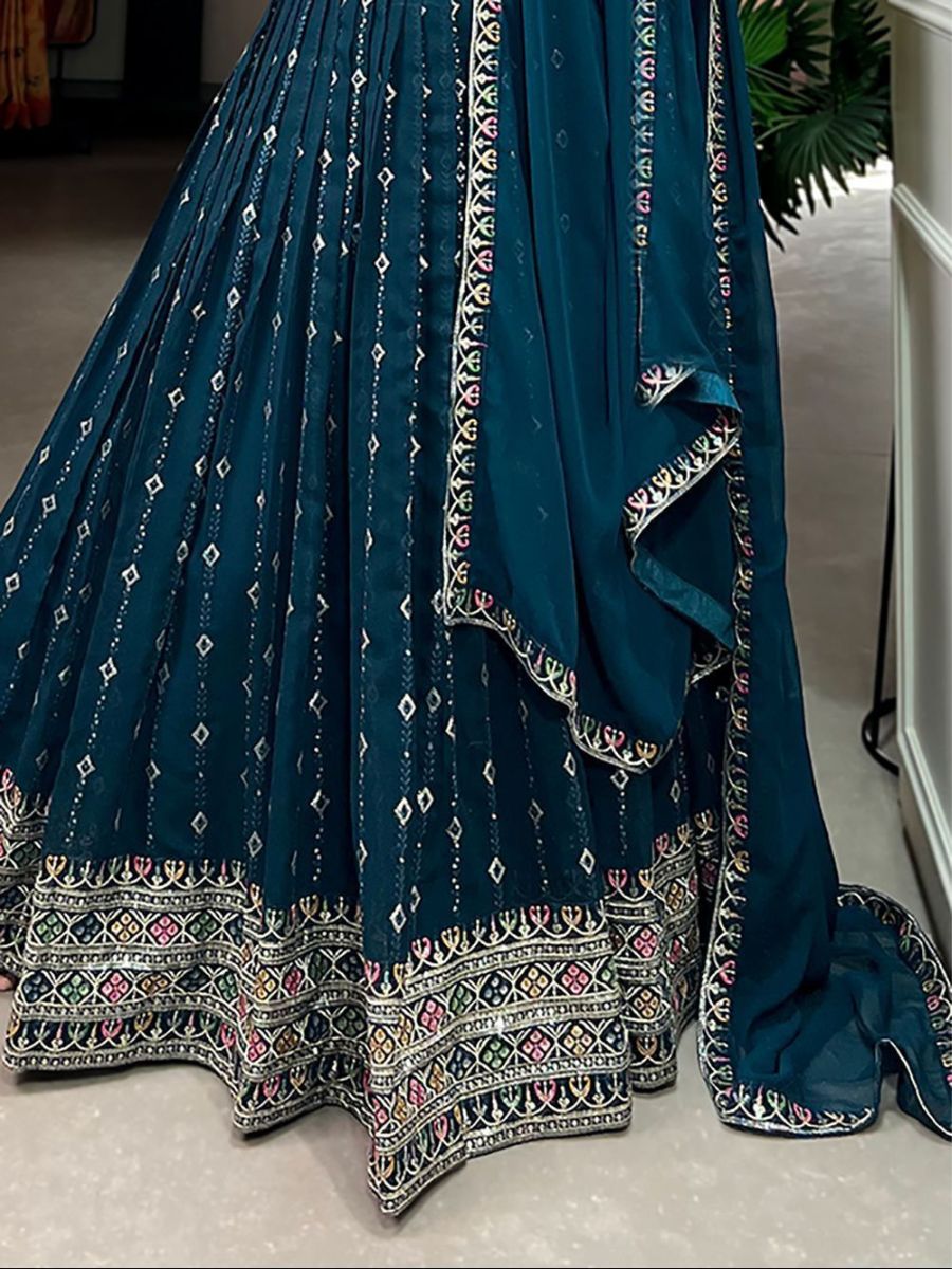 Designer Teal Blue Sequins Embroidered Georgette Lehenga Choli