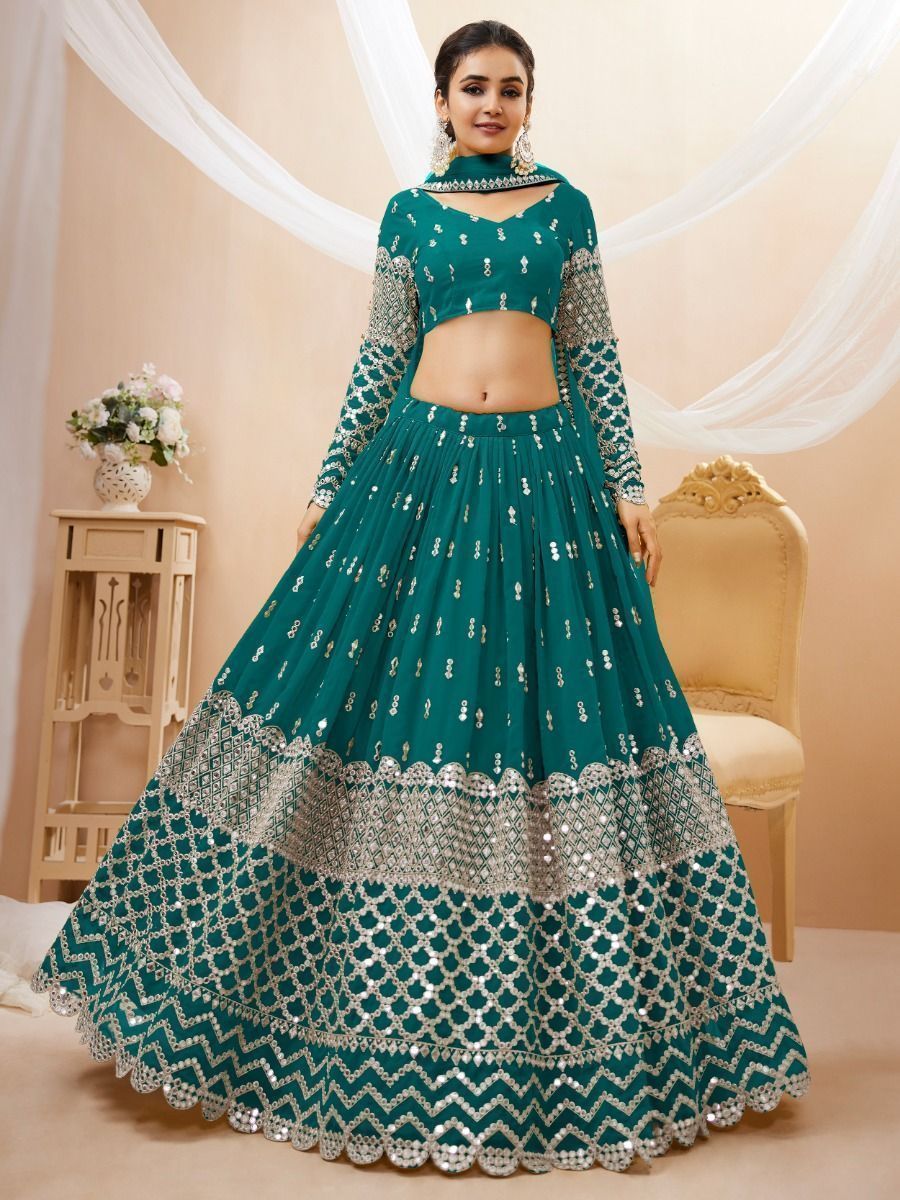 Buy Designer Teal Blue Zari Work Georgette Wedding Lehenga Choli Online - TheJewelbox