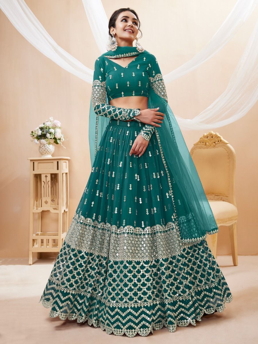 Designer Teal Blue Zari Work Georgette Wedding Lehenga Choli