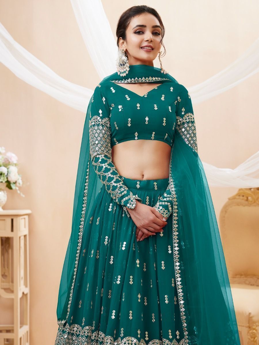 Designer Teal Blue Zari Work Georgette Wedding Lehenga Choli