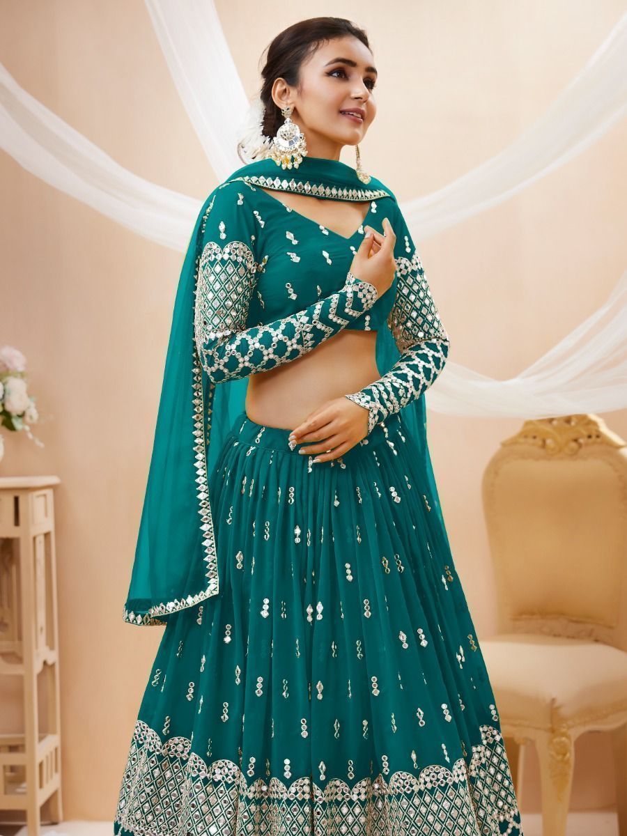 Designer Teal Blue Zari Work Georgette Wedding Lehenga Choli