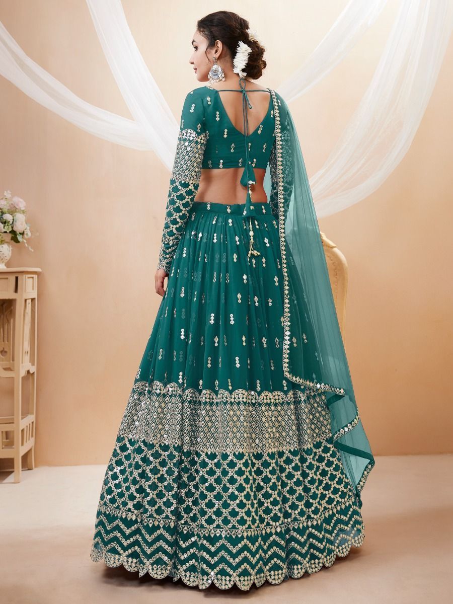 Designer Teal Blue Zari Work Georgette Wedding Lehenga Choli