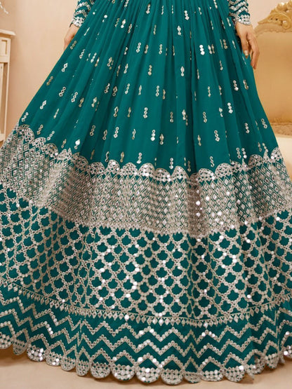 Designer Teal Blue Zari Work Georgette Wedding Lehenga Choli