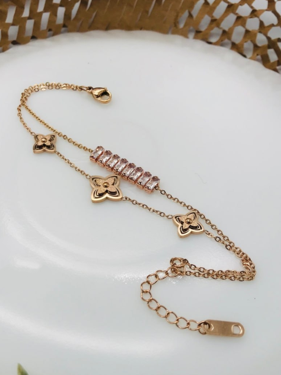 Diamonds and Floral Charms Double Chain Rose Gold Bracelet