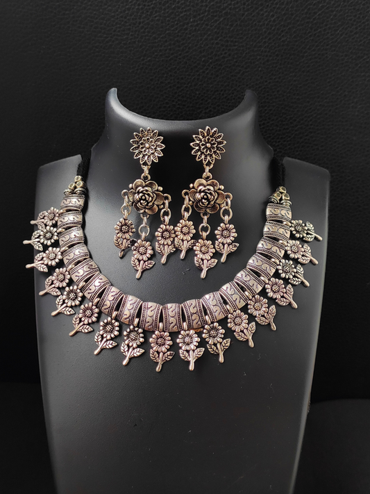 Buy Floral Hangings Oxidised Silver Choker Necklace Set - TheJewelbox