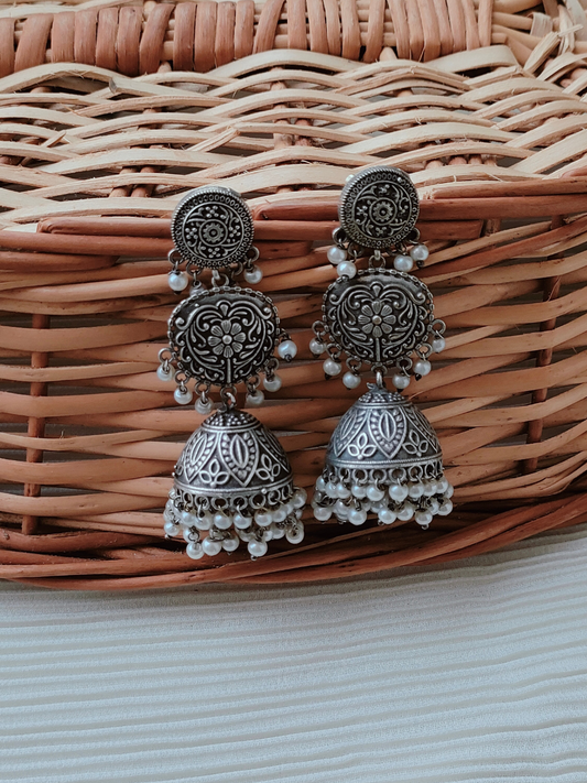 Buy Floral Pattern Big German Silver Oxidised Jhumka Earrings - TheJewelbox