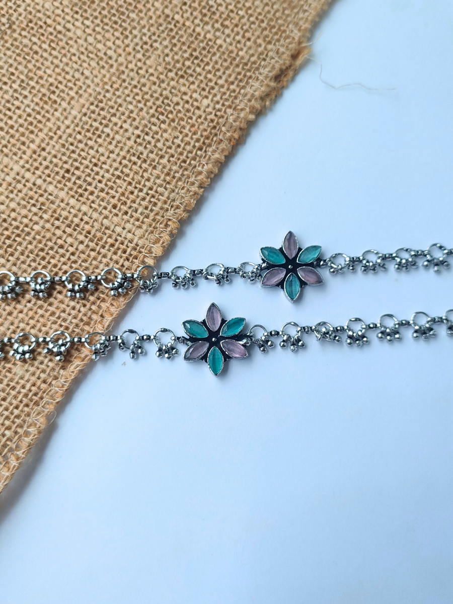 Buy Floral Pattern Pink and Sea Green Oxidised Silver Gungroo Anklets - TheJewelbox