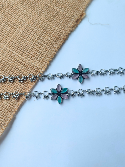 Buy Floral Pattern Pink and Sea Green Oxidised Silver Gungroo Anklets - TheJewelbox