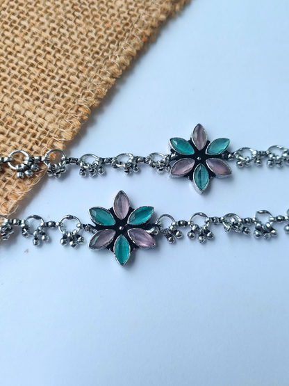 Floral Pattern Pink and Sea Green Oxidised Silver Gungroo Anklets - 1