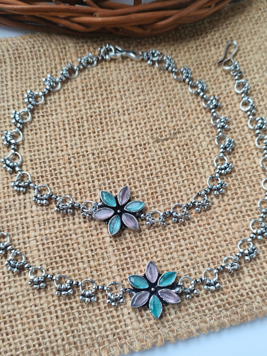 Floral Pattern Pink and Sea Green Oxidised Silver Gungroo Anklets