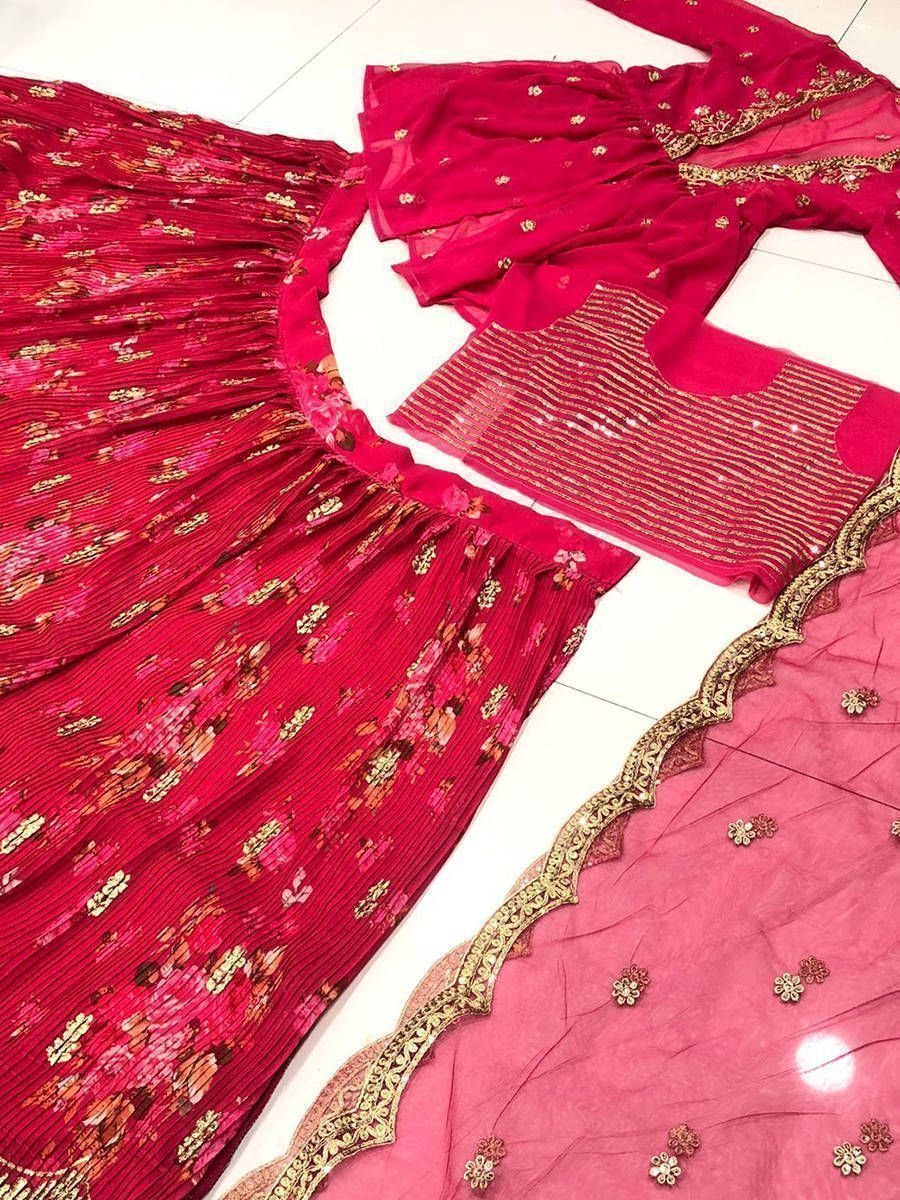 Fuschia Pink Floral Printed Georgette Lehenga Choli with Shrug - Real Picture