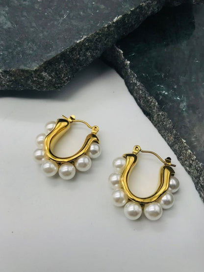 Gold Plated Pearl Studded Contemporary Hoop Earrings