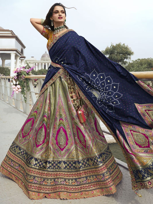 Buy Green Banarasi Wedding Silk Lehenga Choli With Blue Dupatta Online - AllThingsAboutWedding