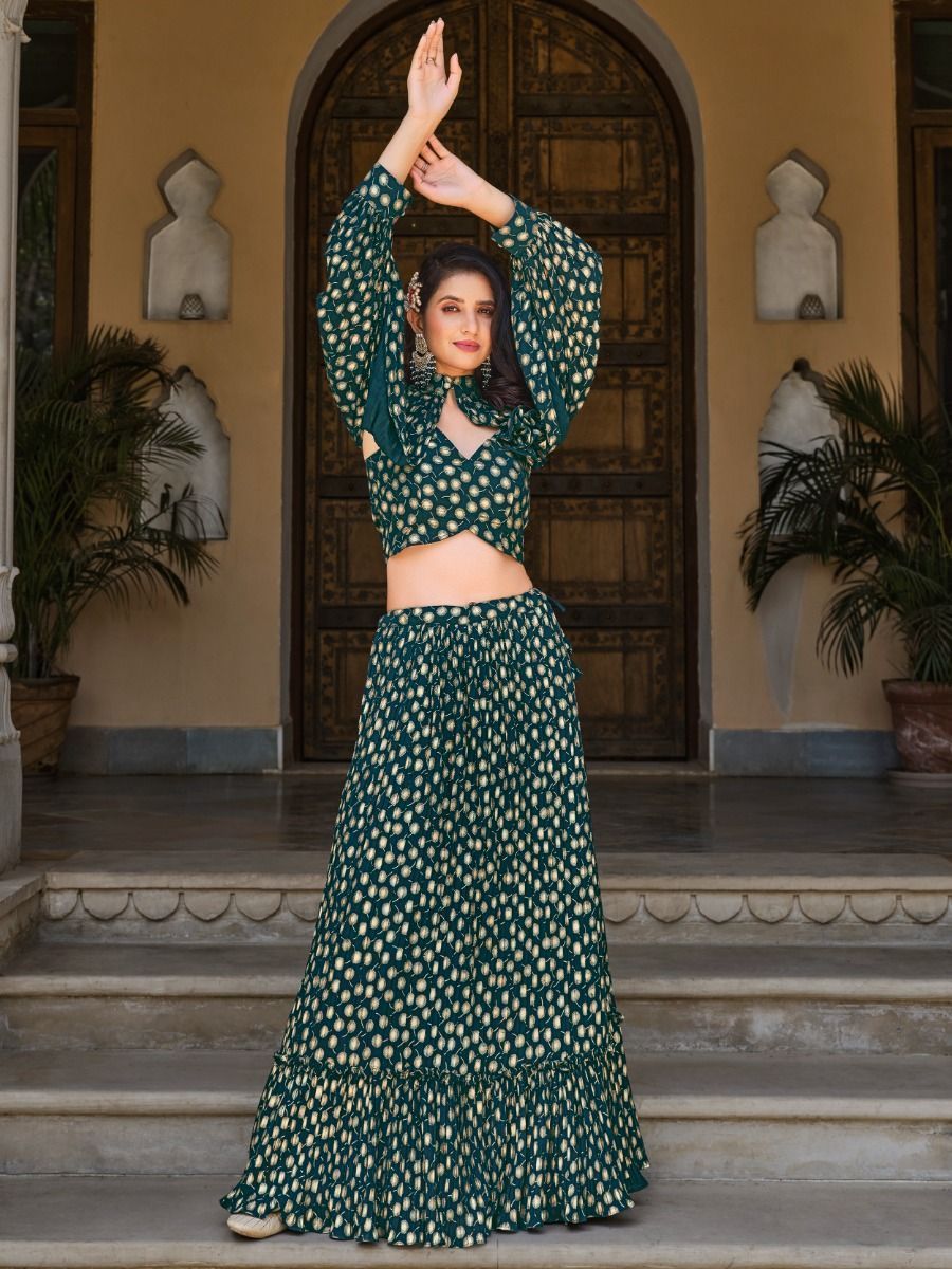 Green Crushed Georgette Crop Top Lehenga With Jacket