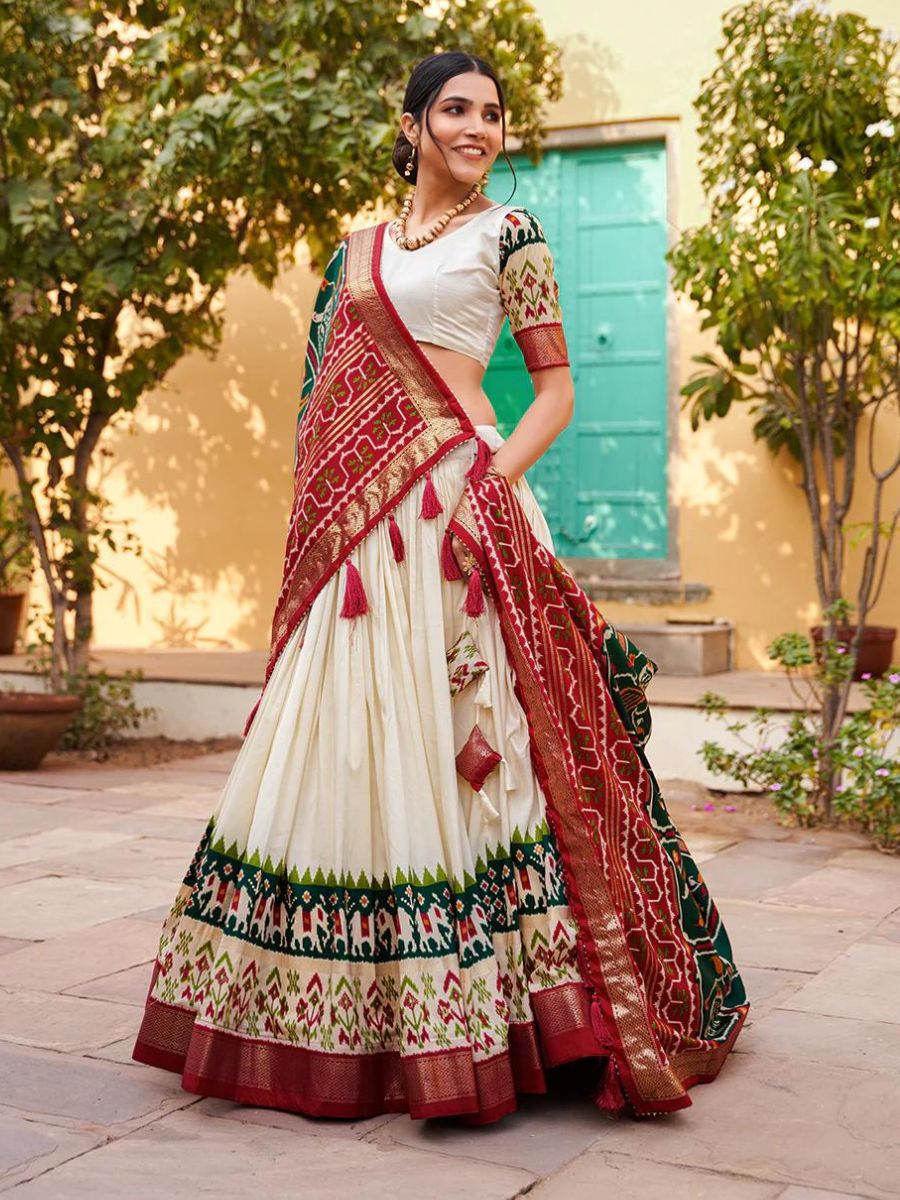 Green Patola Printed Silk Bridal Wedding Lehenga Choli - Full Flair