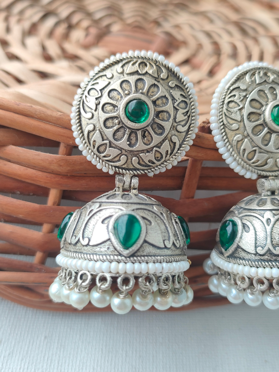 Green Stone German Silver Oxidised Jhumka Earrings