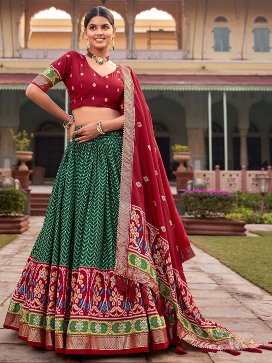 Buy Green and Red Patola Printed Festive Silk Lehenga Choli Online - AllThingsAboutWedding