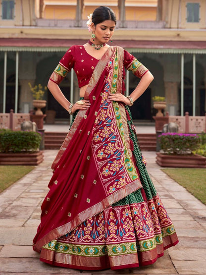 Green and Red Patola Printed Festive Silk Lehenga Choli with Dupatta