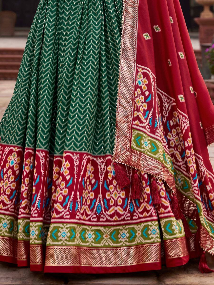 Green and Red Patola Festive Silk Lehenga - Flair with Digital print