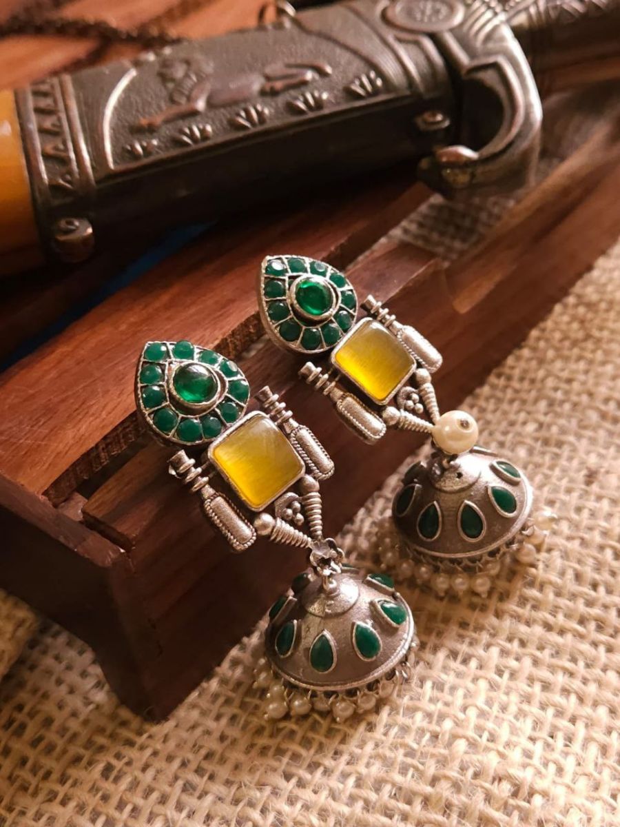 Buy Green and Yellow Stone Studded Oxidised Silver Jhumka Earrings - TheJewelbox