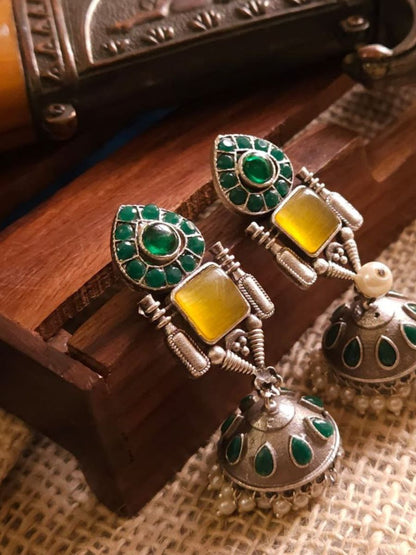 Green and Yellow Stone Studded Oxidised Silver Jhumka