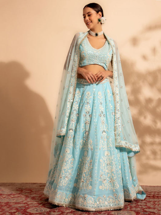 Buy Ice Blue and Silver Sequins and Thread Work Georgette Lehenga Online - AllThingsAboutWedding