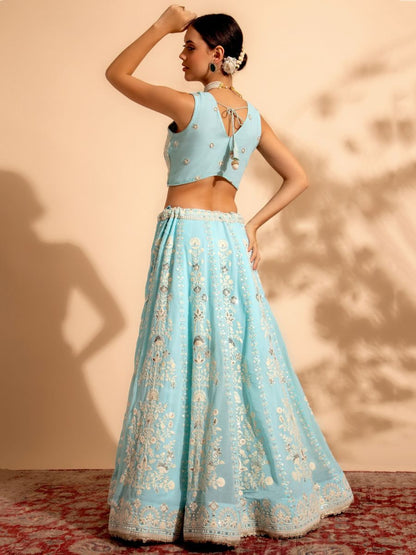 Ice Blue and Silver Sequins and Thread Work Georgette Lehenga - Back Side - AllThingsABoutWedding