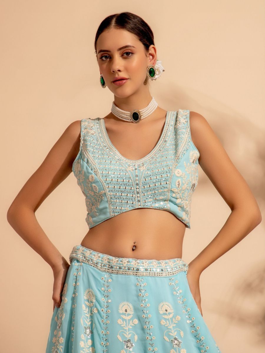 Ice Blue and Silver Sequins and Thread Work Georgette Lehenga - Blouse Front Neck - AllThingsAboutWedding